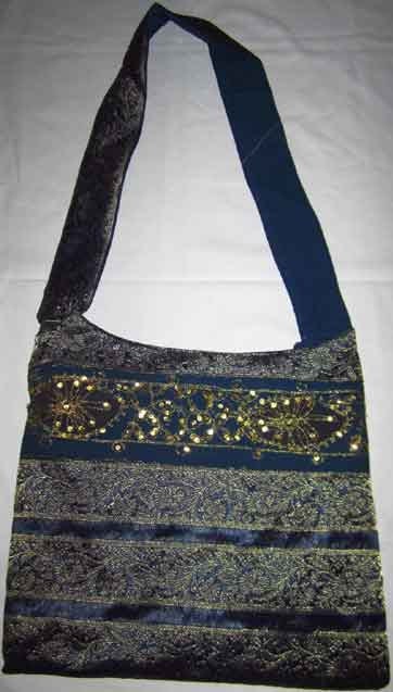 Indian embroidered zari work sadhu shoulder hobo bag purse ethnic vintage color blue
