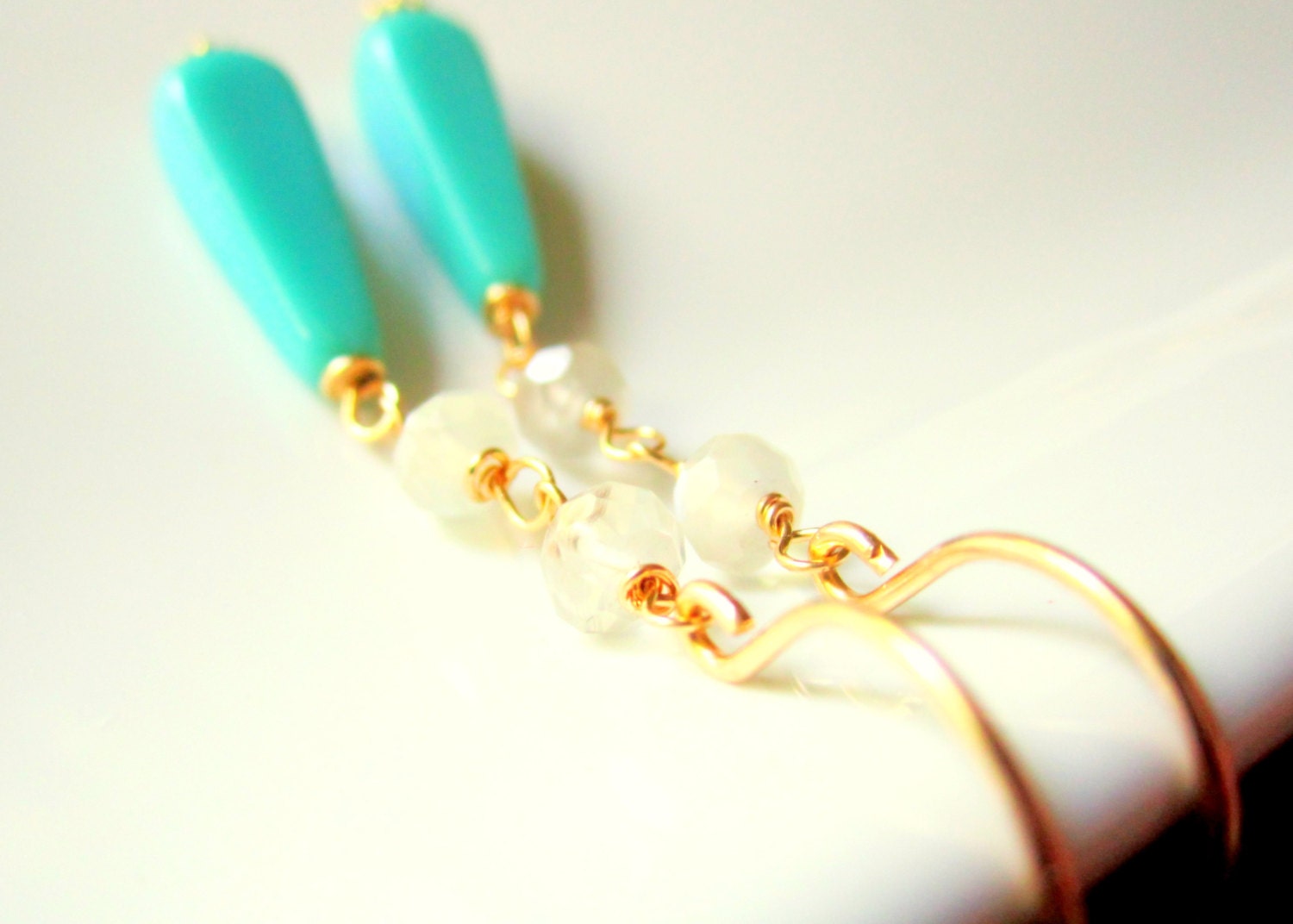 Turquoise & Moonstone Gold Earrings Mint Turquoise Gold Jewelry Delicate Gold Dangle Earrings Aqua and Gold Drop Earrings