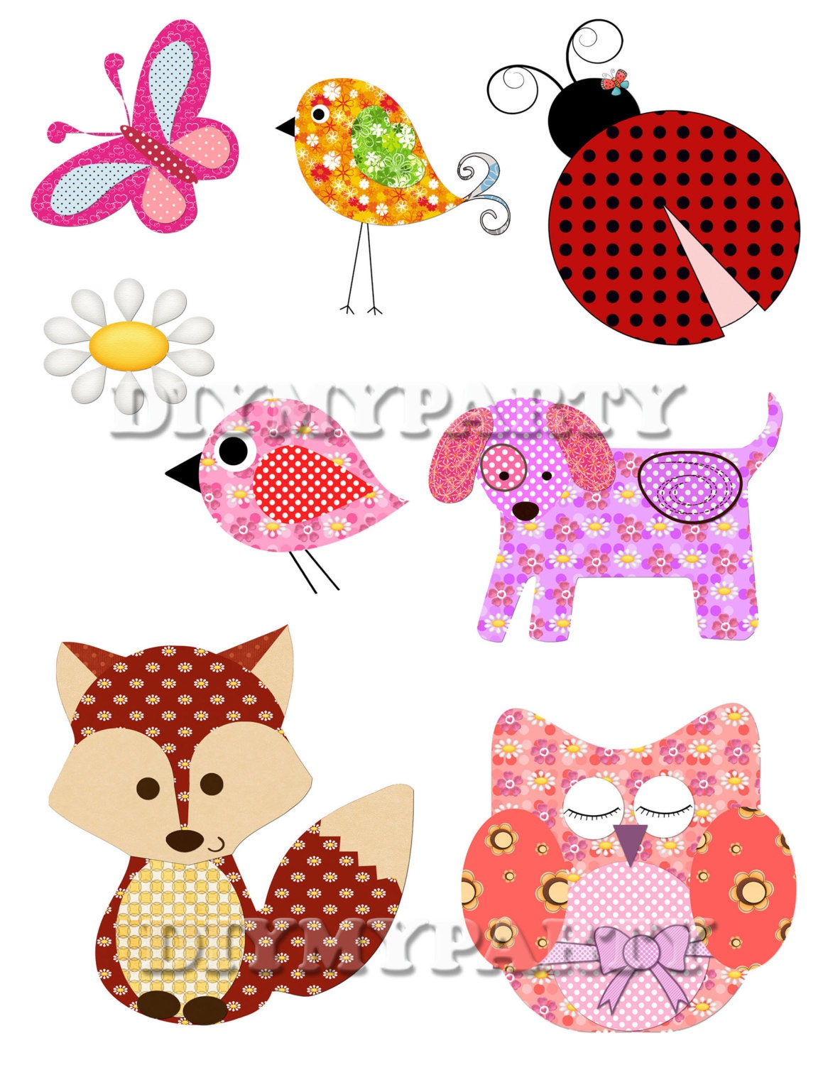 40% OFF Sale Printable party decor dog foxes owl bird flower clipart birthday decoration pdf file digital scrapbooking diy  tag (338)