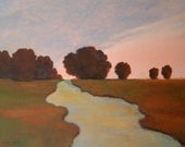 Original Painting 36x48 large landscape art,river scene,evening landscapes,blue gray,dark red,free shipping