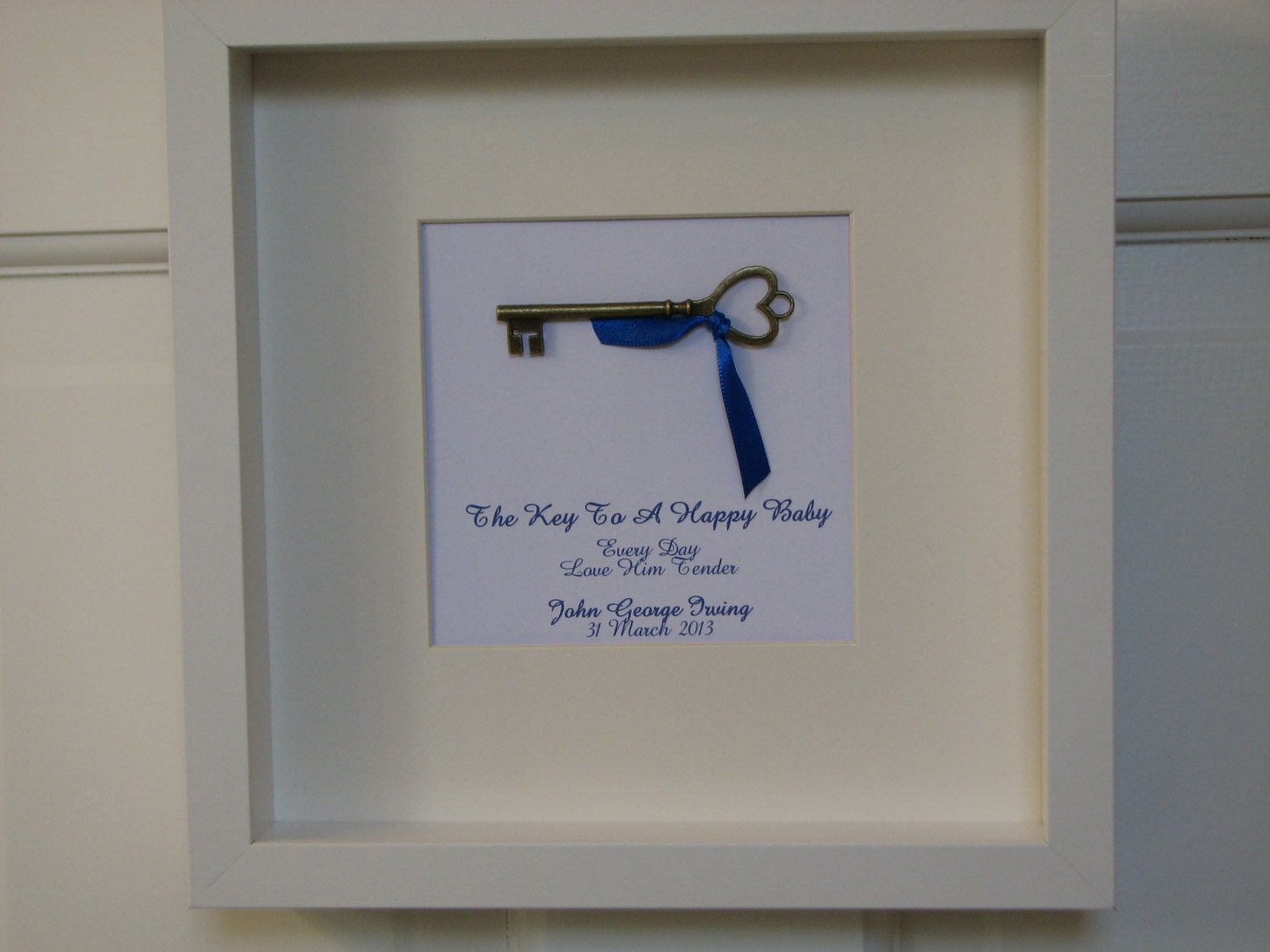 Personalized Baby Boy Room Wall Art, Shelf Art, Framed KEY to a BABY'S HAPPINESS, Birth Date, Customized Baby Gift