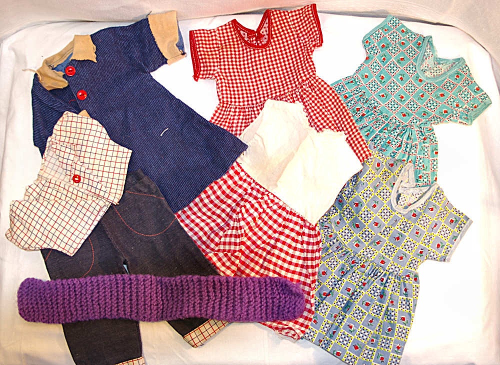 50s Doll Clothes Lot 4 dresses 1 Coat 1 Pants 1 Shirt 1 Scarf