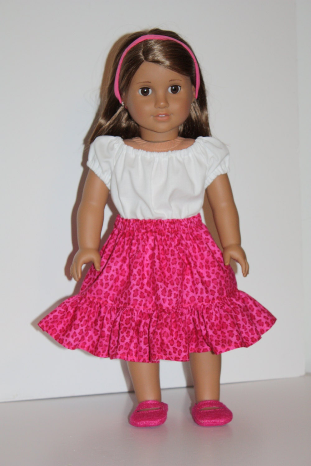 18 inch Doll Clothes, Hot Pink Twirly Skirt, White Peasant top, Strappy Felt Ballerina Flats Doll Shoes Fit 18" dolls like American Girl