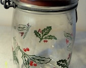Vintage Latchtop Clear Glass Mason Jar Christmas Decorated with Holly Leaves and Berries- 1Liter