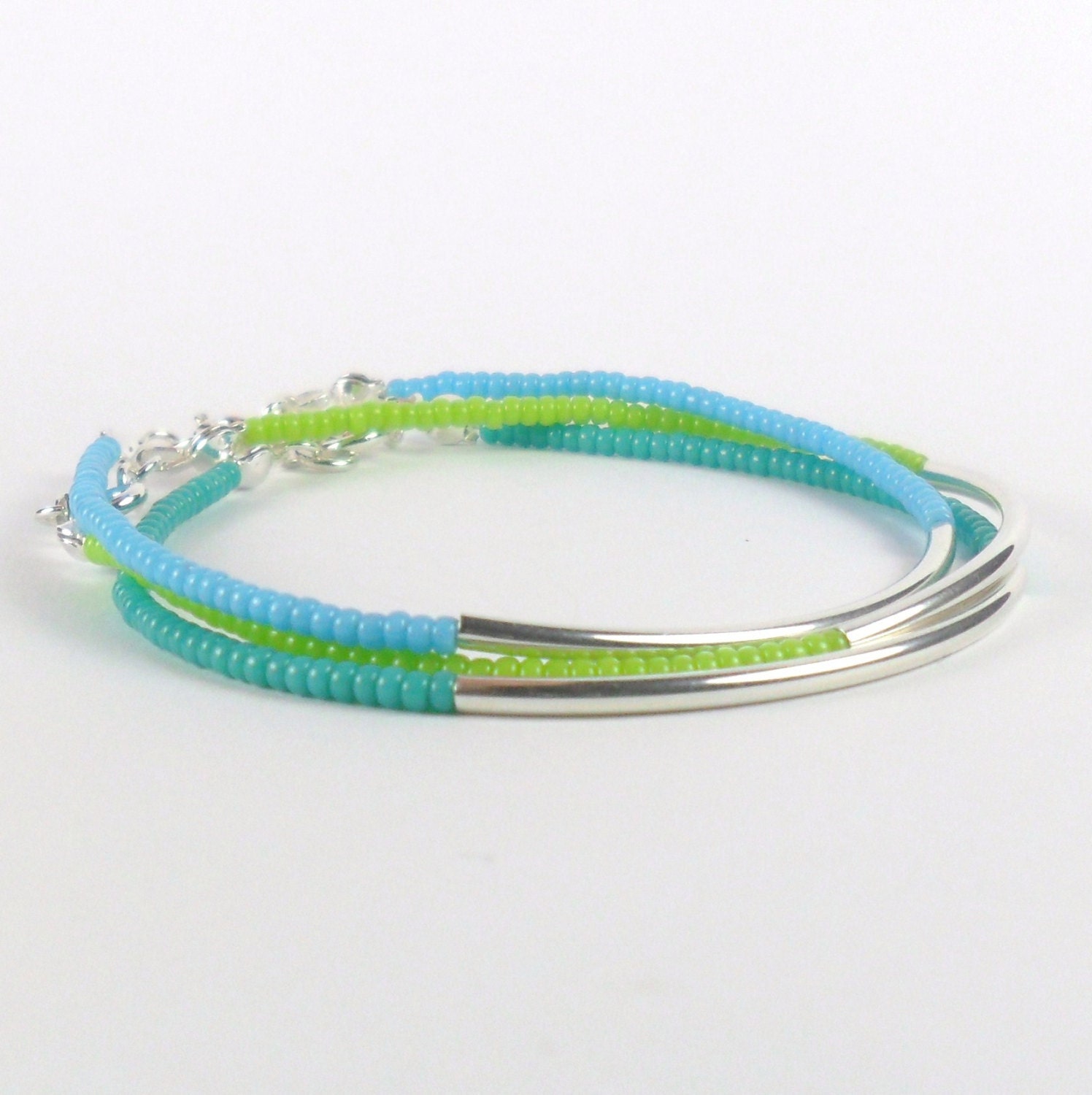 Neon Seed Bead Stacking Bracelet Set with Sterling Silver Tube 'Sea' - Minimalist jewellery - Friendship Bracelet