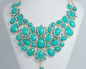 High Fashion Flower Drop Blue Turquoise Choker Pendant Bubble Bib Necklace, Cluster Chunky Statement Necklace-119748639