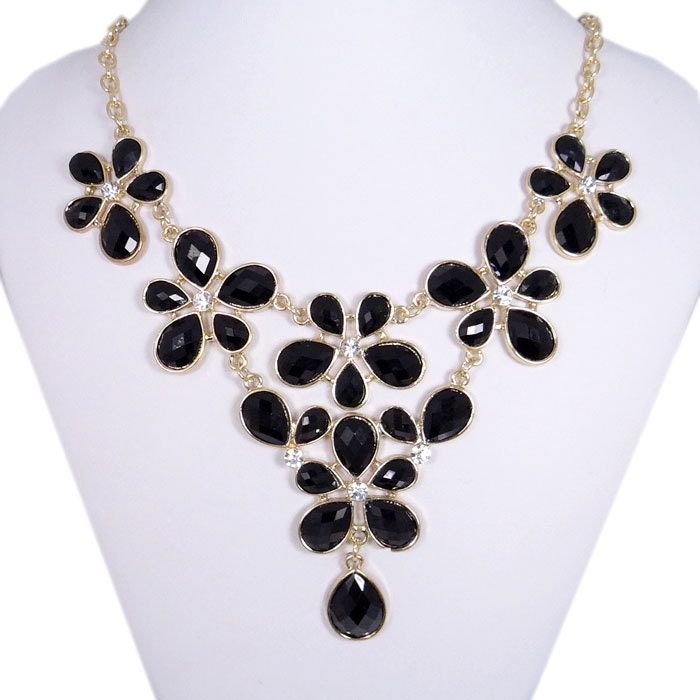 Fashion Flower Drop Bubble Bib Chunky Necklace, Black Bib Statement Necklace, Clear Swarovski Crystal Necklace Pendant-127182851