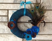 Yarn Wreath Handmade Felt Decoration - 12in Peacock