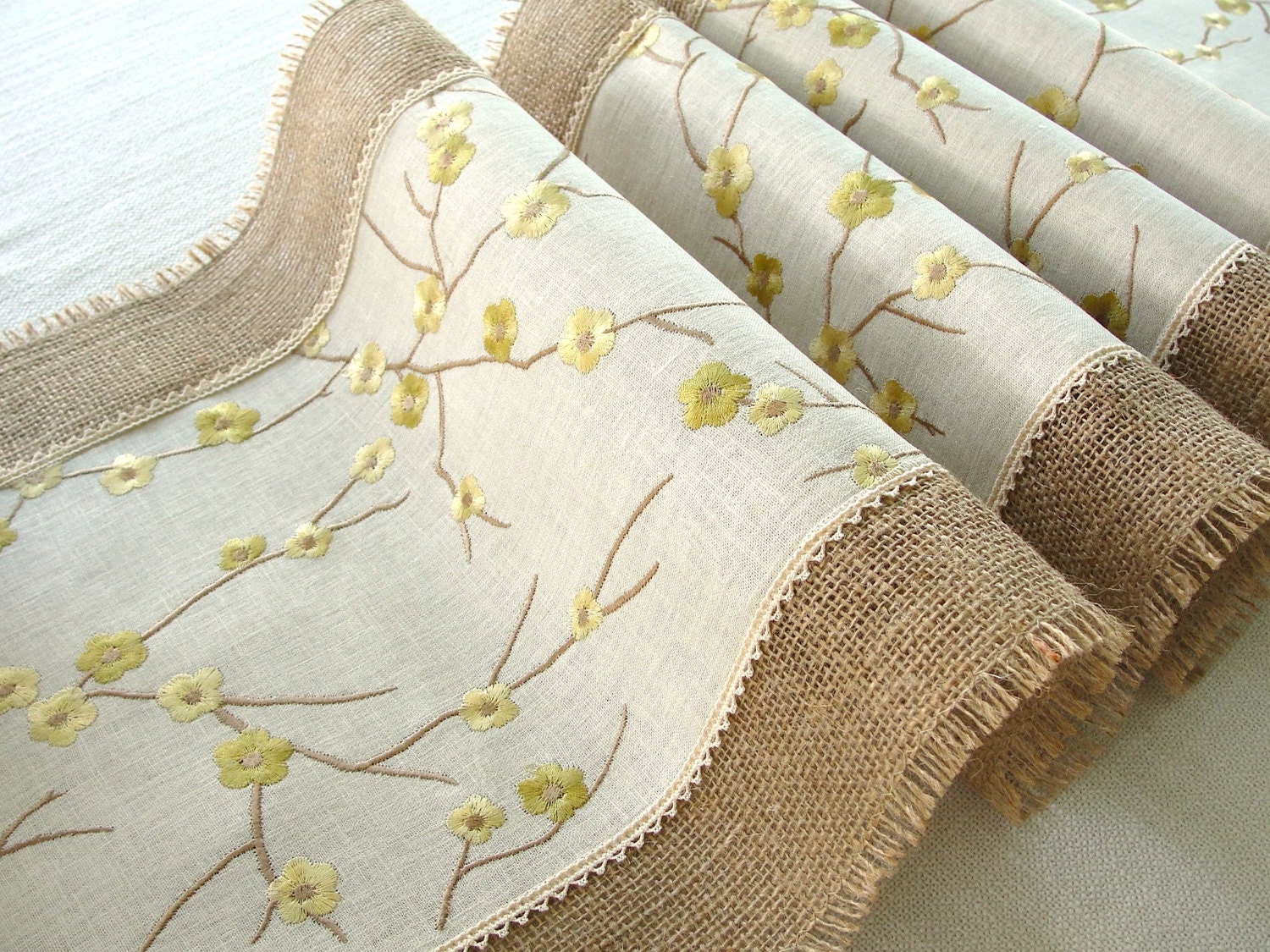 Burlap Table Runner . Embroidered rustic table runner. Handmade in the USA . Ready to ship