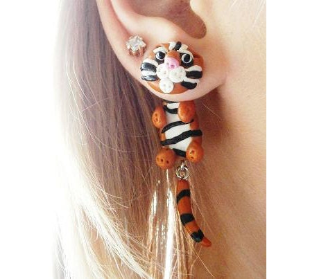 Pair of Real Custom Gauges Plugs 0g, 00g, 7/16, 1/2, 9/16, 5/8, 3/4, 7/8, 1 inch earrings animal Bengal tiger , Polymerclay, handmade
