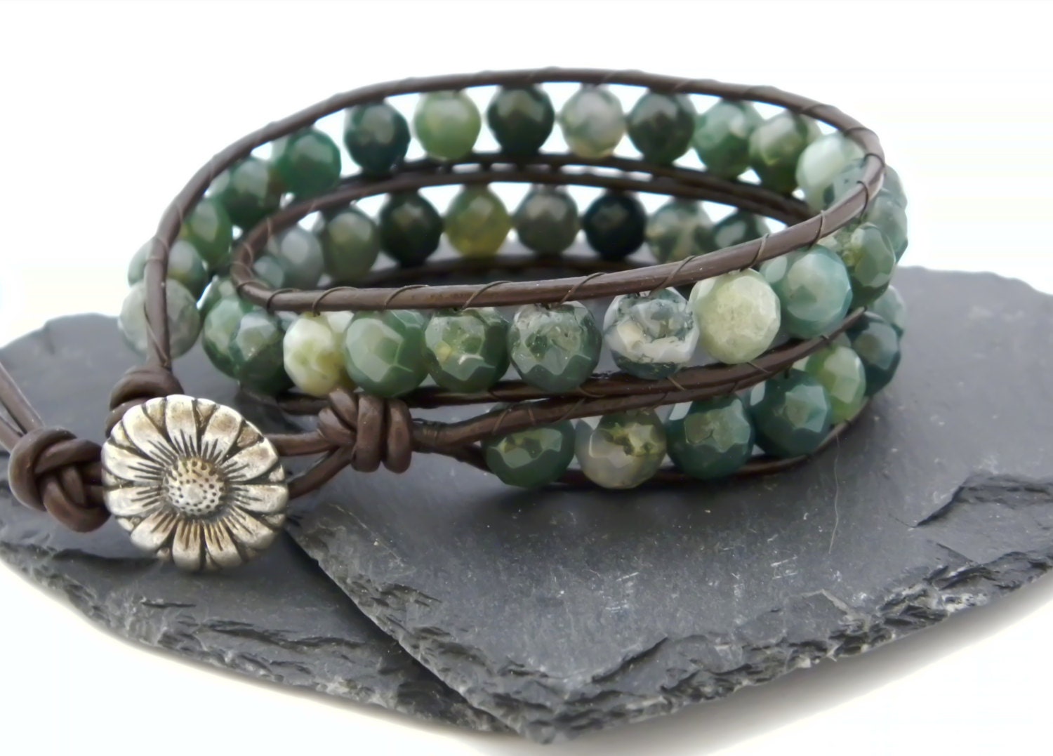 Moss Agate Leather Double Wrap Bracelet.  Semi Precious Gemstone Bracelet.  Beaded Leather Wrap Bracelet. Casual. Handmade.