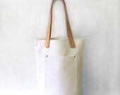 Creamy white Organic Linen Cotton Tote with Natural Leather Handle-Buy one,get a gift for free - JacquelineStudio