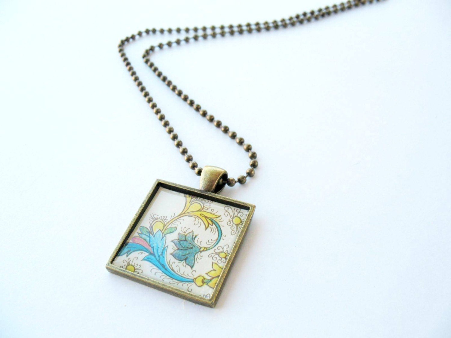 Florentine design necklace. Italian paper square brass cameo necklace. Ball chain