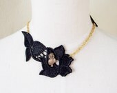 Owl and leaf lace necklace gold chain large charms choker steampunk vintage gothic boho chic trendy  womens Fabric jewelry gift OOAK