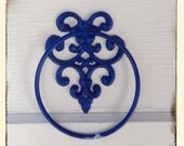 Deep Blue Hand Towel Holder Ring-Bathroom Fixture-Distressed Iron-New Home-Fleur De Lis-Spring Home Decor
