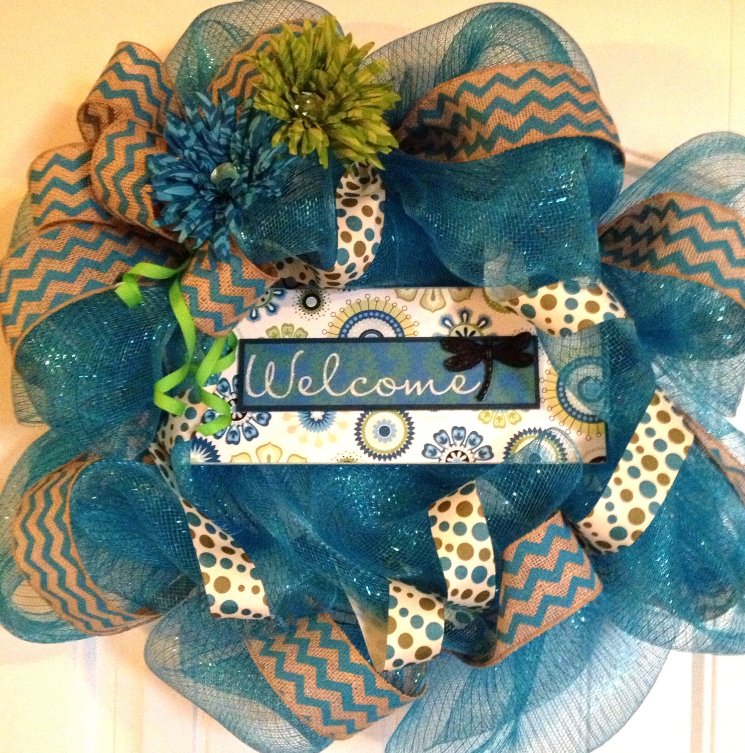 Spring/Summer Welcome Wreath - Bright Blue/Green Deco Mesh