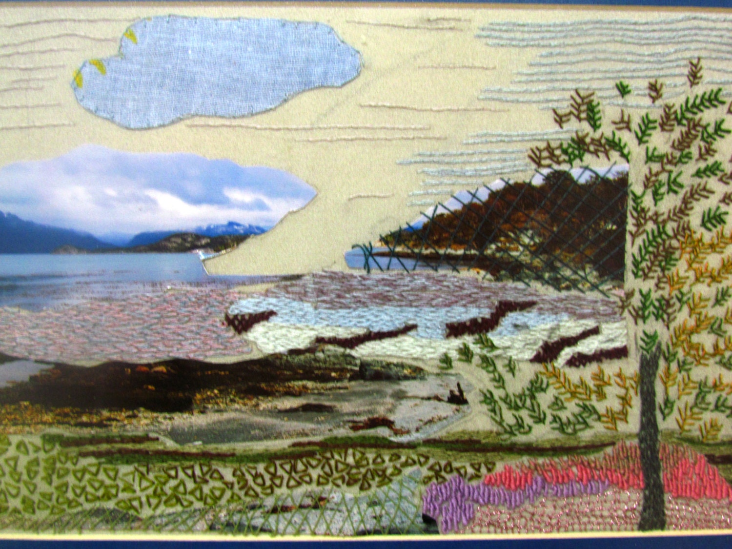 View in blue, Unique collage, hand embroidery, wall decor, textile art OOAK
