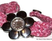Silver Brown Six Petal Flower Watch Crochet Rose Coral one Button Band