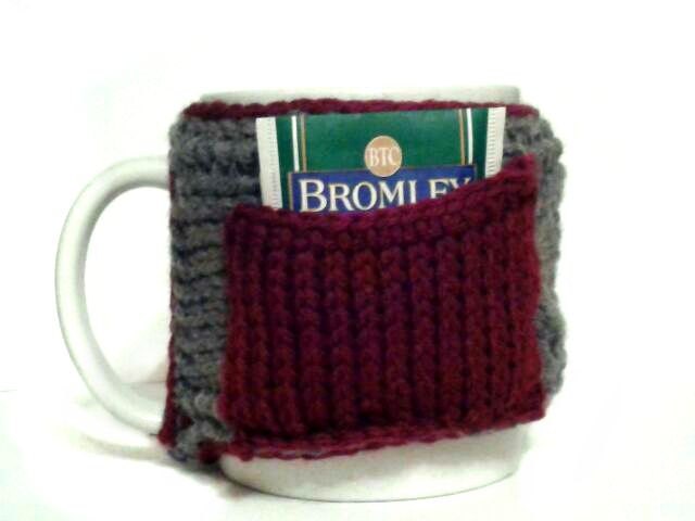 Mug Cozy with Tea Bag Pocket, Red & Gray Tunisian Crochet Horseshoe Cable Coffee Cup Sleeve by Knit Blossom