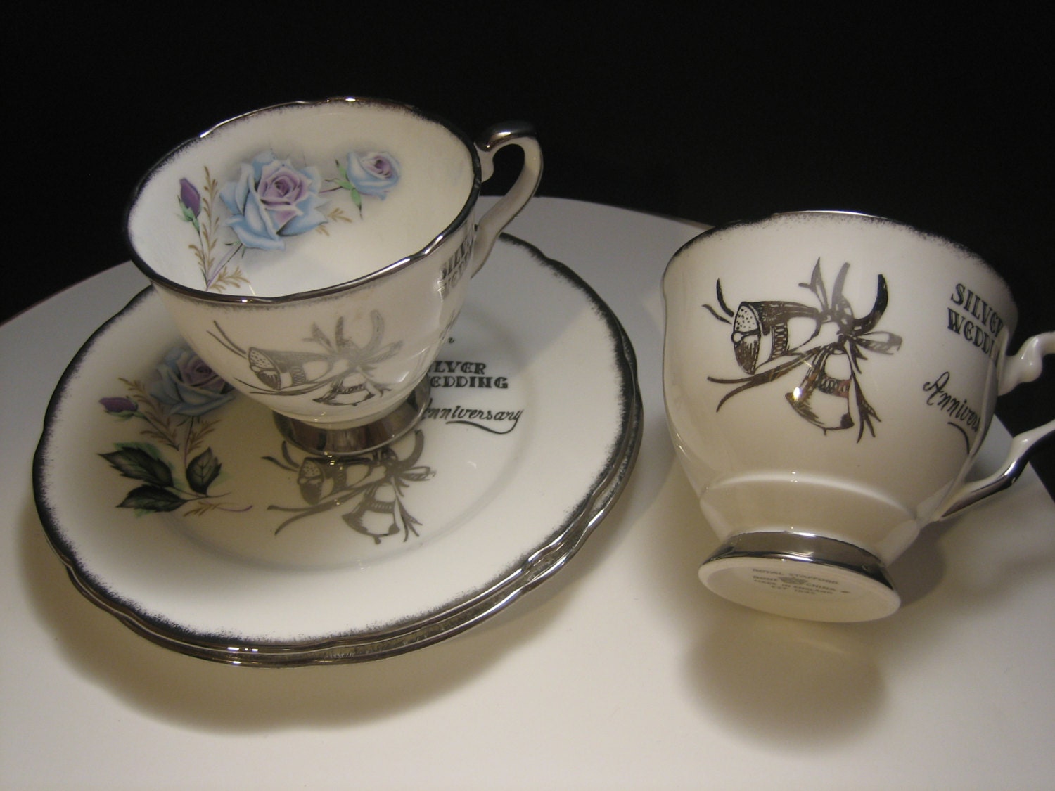 Vintage English Silver Wedding Anniversary, Royal Stafford Bone China "Honeymoon Rose" Cups & Plates