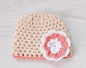SALE Beige Crochet Flower Baby Hat, Crochet Baby Beanie, Size: 0 - 3 Mo READY to ship, Made to Order