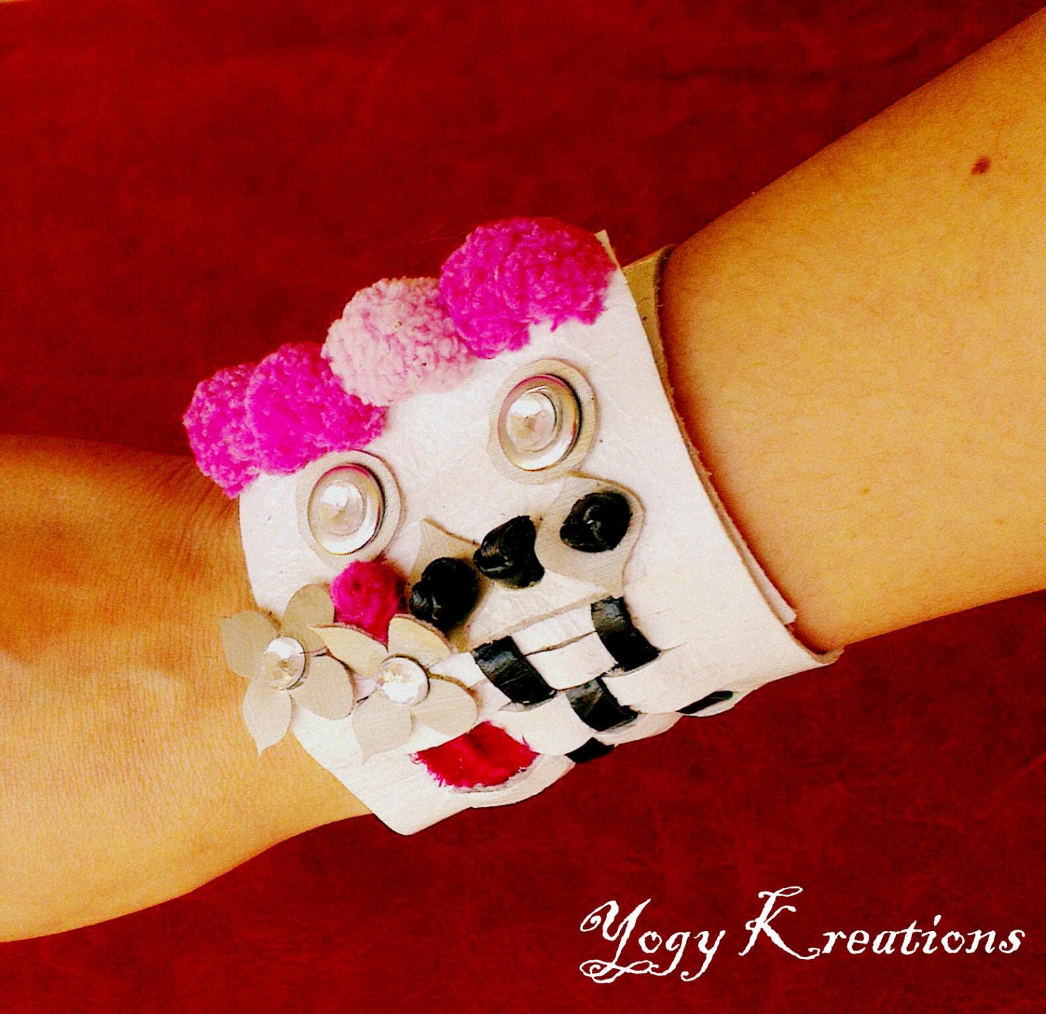 White leather cuff, Pink Butterfly Braided Bracelet check Pom Pom Pink Jewelry Crystals velvet wristband wrap adjustable Recycle Handmade