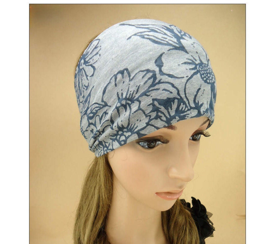 Blue Gray Floral Head Wrap Floral Hippie Fashion Turban Headband Blue Flower Wide Hairband Hair Accessories