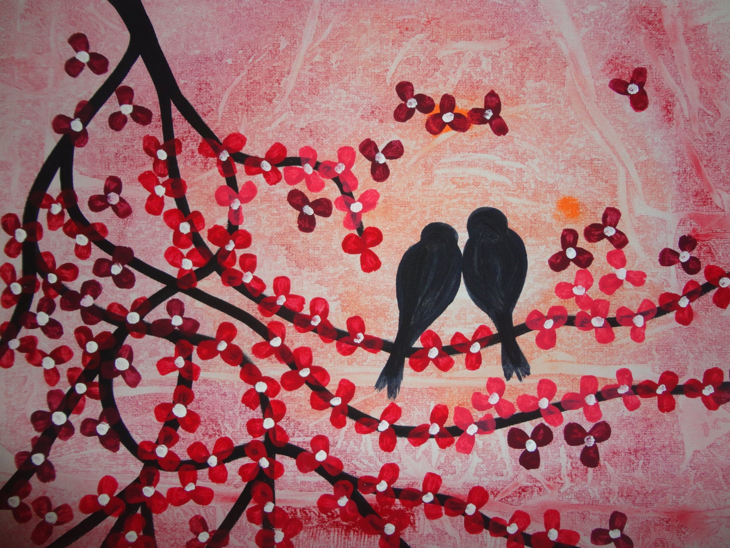 Wedding Engagement Gift  Abstract Landscape Painting Original Modern Tree Birds Wall Decor "Lovely Sunset"