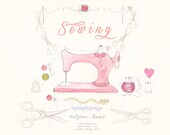 Sewing Machine Digital Collage Sheet Scissors Buttons