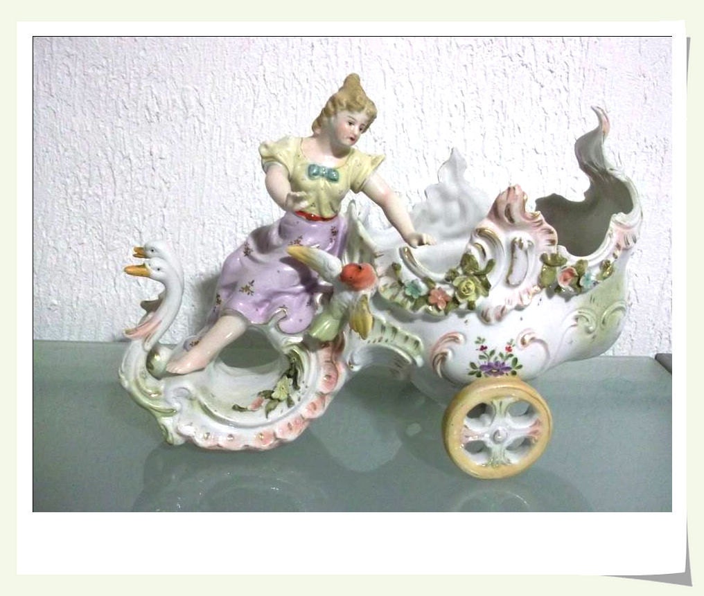 French antique 1900s art nouveau  porcelain biscuit bisque basket signed numbered chariot  birds carrige goose woman girl jewelry holder