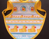 Reversible Full Coverage Bib (Bapron) - Rubber Ducky print - Yellow Tie Dye Flannel reverse