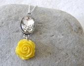 Yellow Rose & Diamond Crystal Glass Rhinestone Necklace, Bridesmaid gifts, Wedding Jewelry - Littlemissjdesigns