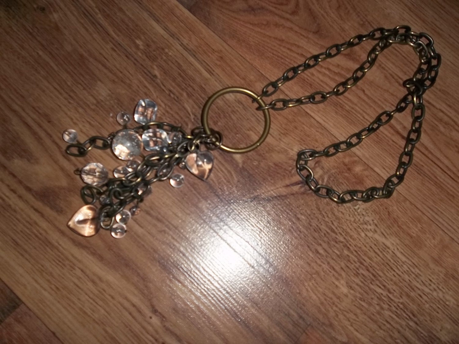 Mixed metal Necklace, copper chain, Charm Pendants, acrylic hearts and geometric shapes. Handmade. Unique. Special gift.