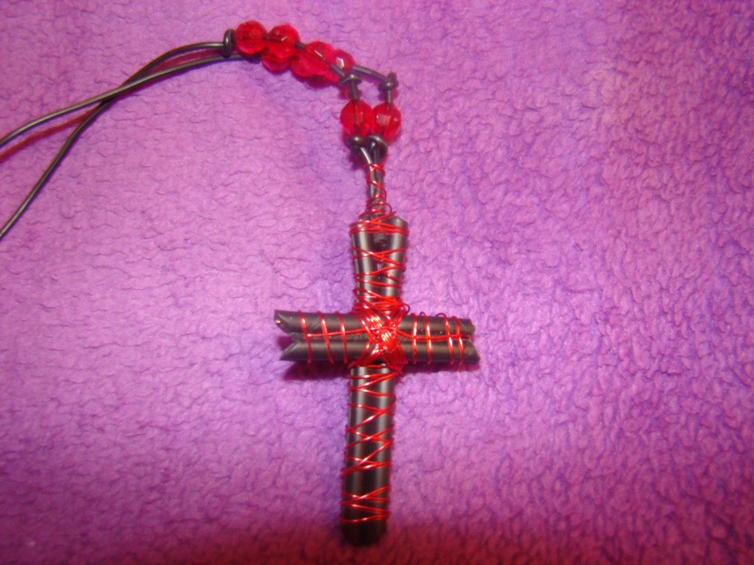 Upcycled black electric cords and red alluminum wire long cross necklace / pendant
