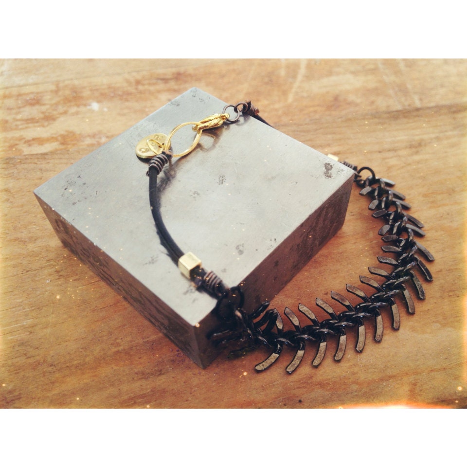 Leather Black and Gold Fishbone Bracelet
