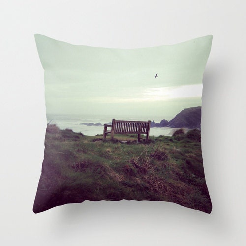 Pillow Cover, Beach, Birds, Bench, Photo Pillow, Pale Mint Green Color, Home Decor, Living Room, Bedroom, 16x16 or 18x18