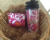 Personalized travel mug set, with coffee cup cozy