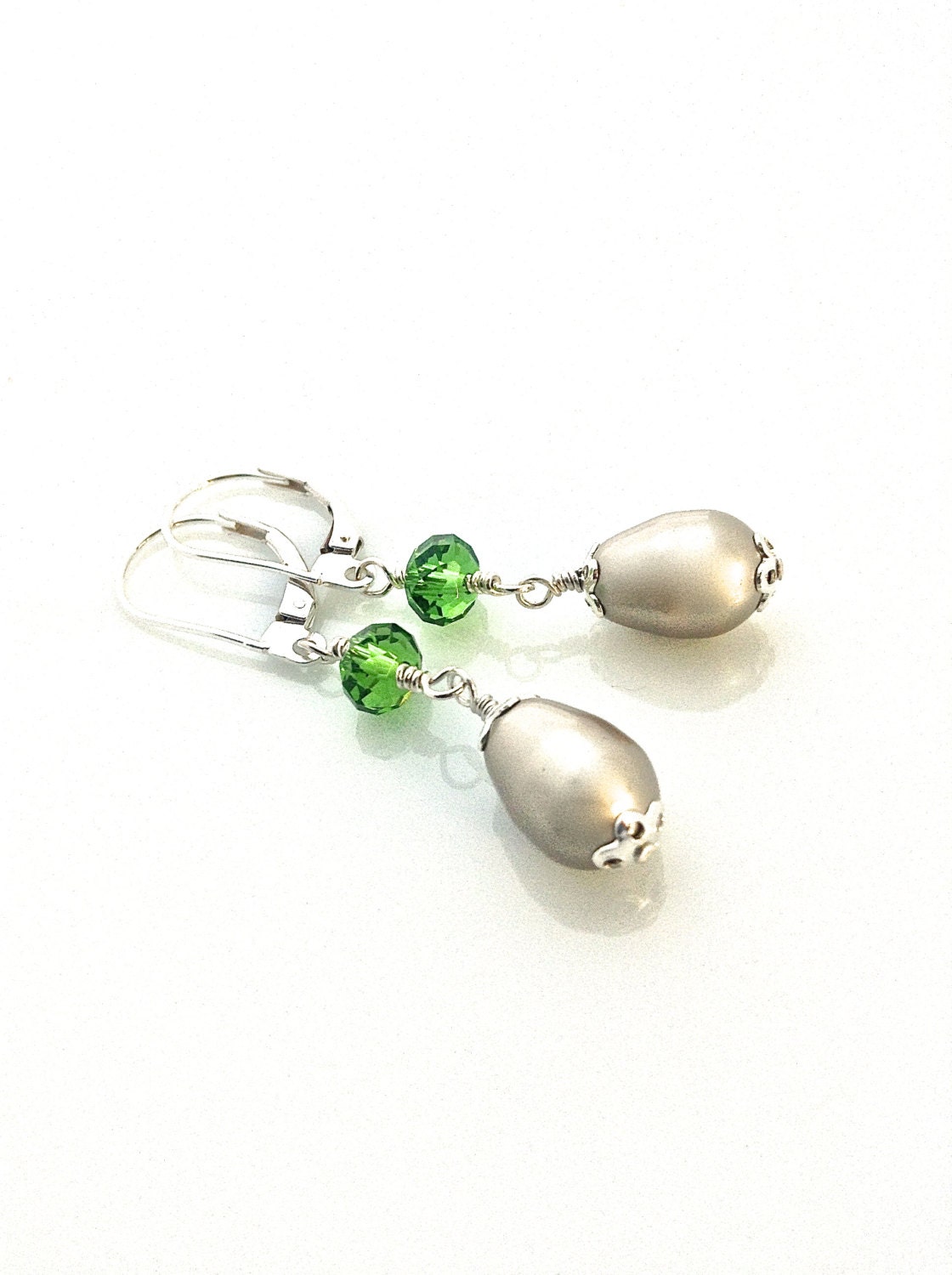 Pearl Earrings, Platinum Pearl, Vegan, Crystal, Sterling Silver Leverback, Green Dangle, Bridesmaid Earring, Swarovski, Bridesmaid Jewelry