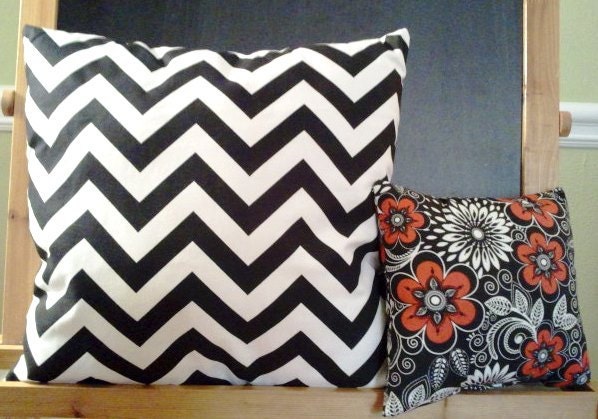 Set of 2 Pillows -  16x16 Black White Chevron & 9x10 Black White with Red Flowers - Handmade and Handstuffed