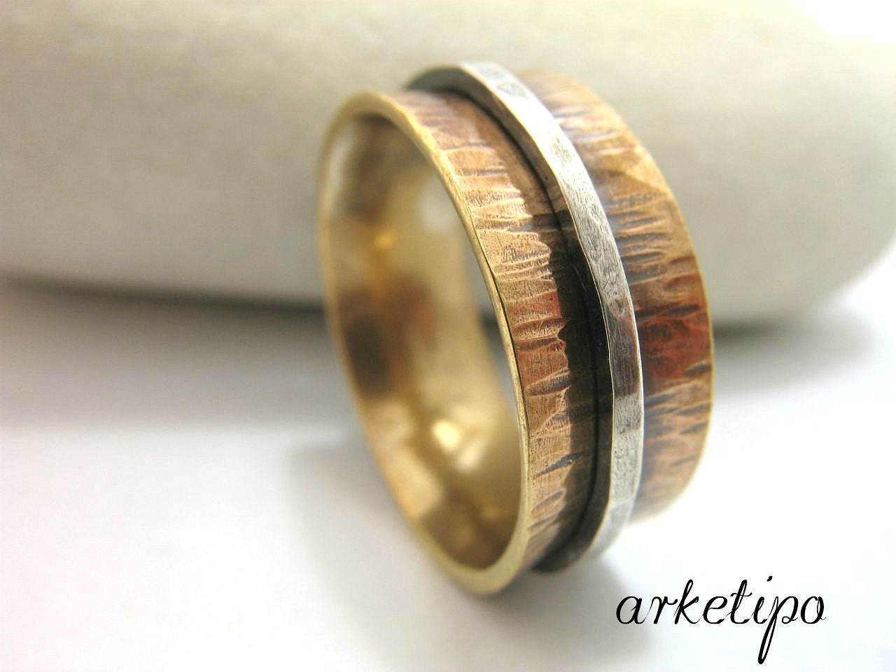Handmade, hammered sterling silver and brass Ring / Wedding Band.   Ring for women / men (unisex)