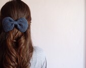 Hand Knit Bow Hair Clip in Grey Blue - theknittingsea
