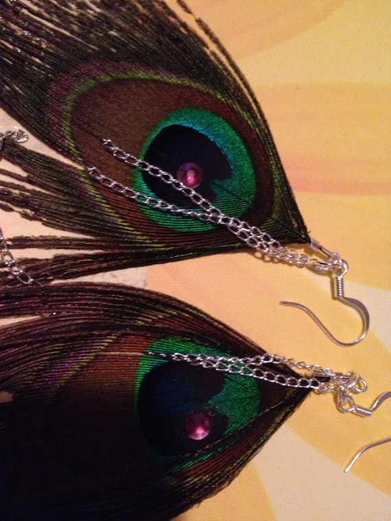 Sterling silver peacock feather earrings