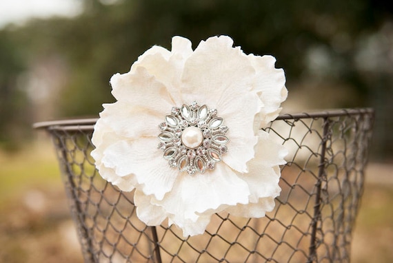 Classic Off-White Velvet Ruffled Bridal Flower // Floral Wedding Hair Clip