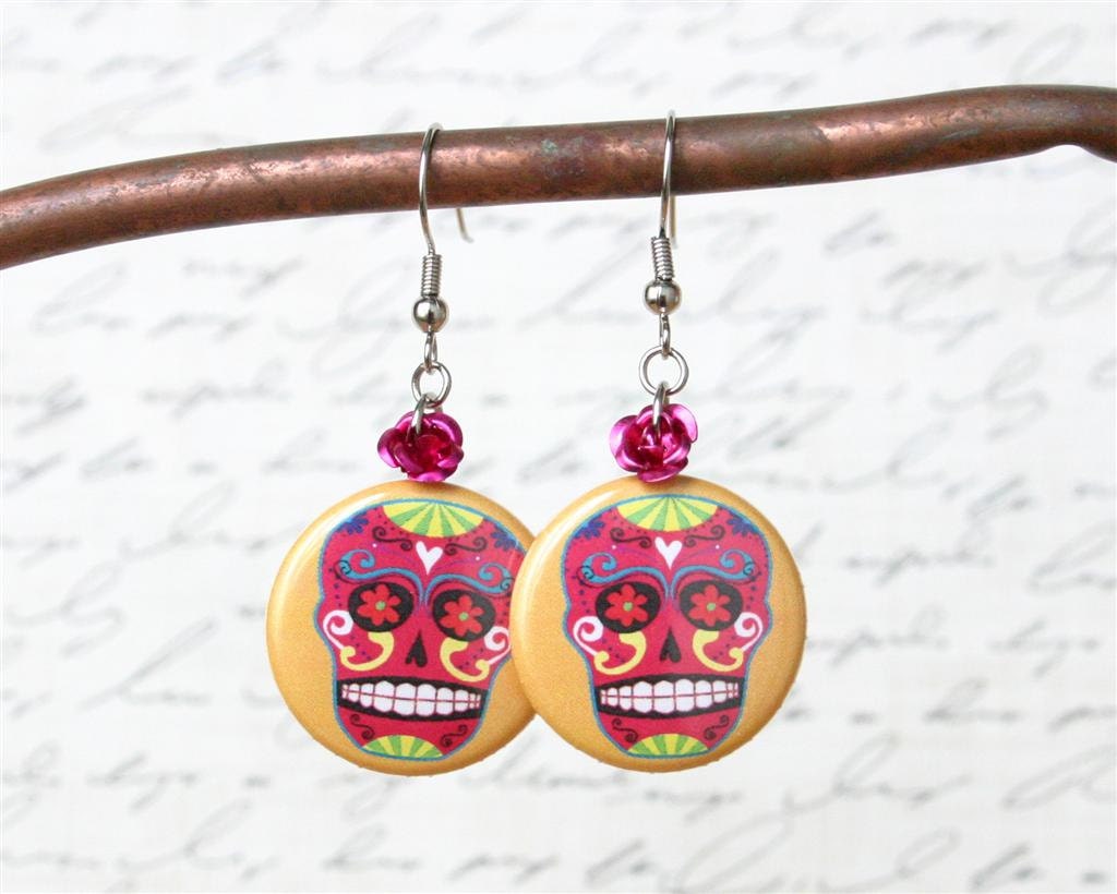 pink and yellow button sugar skull day of dead halloween earrings with rose bead