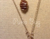 Beautiful brown white cone,heart charm ,brown wrapped sea glass  w/ crystal, & jade accents gold necklace