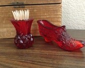 Vintage Red Glass Toothpick Holder & Shoe