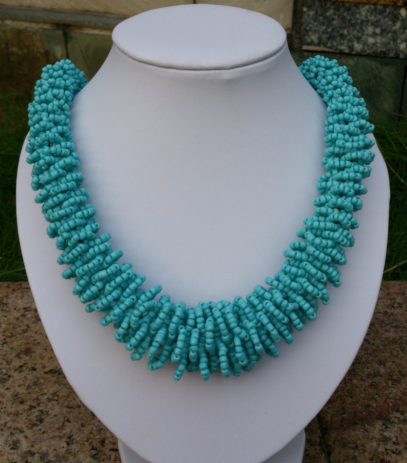 Cool Summer Turquoises Beaded Statement Necklace, Handmade Blue Beadwork Long Necklace, Boho Chunky Necklace
