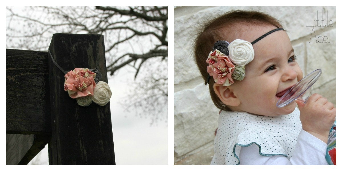 Shabby Chic: Ruffled Flower & Rosette Headband or Clip for Infant or Children