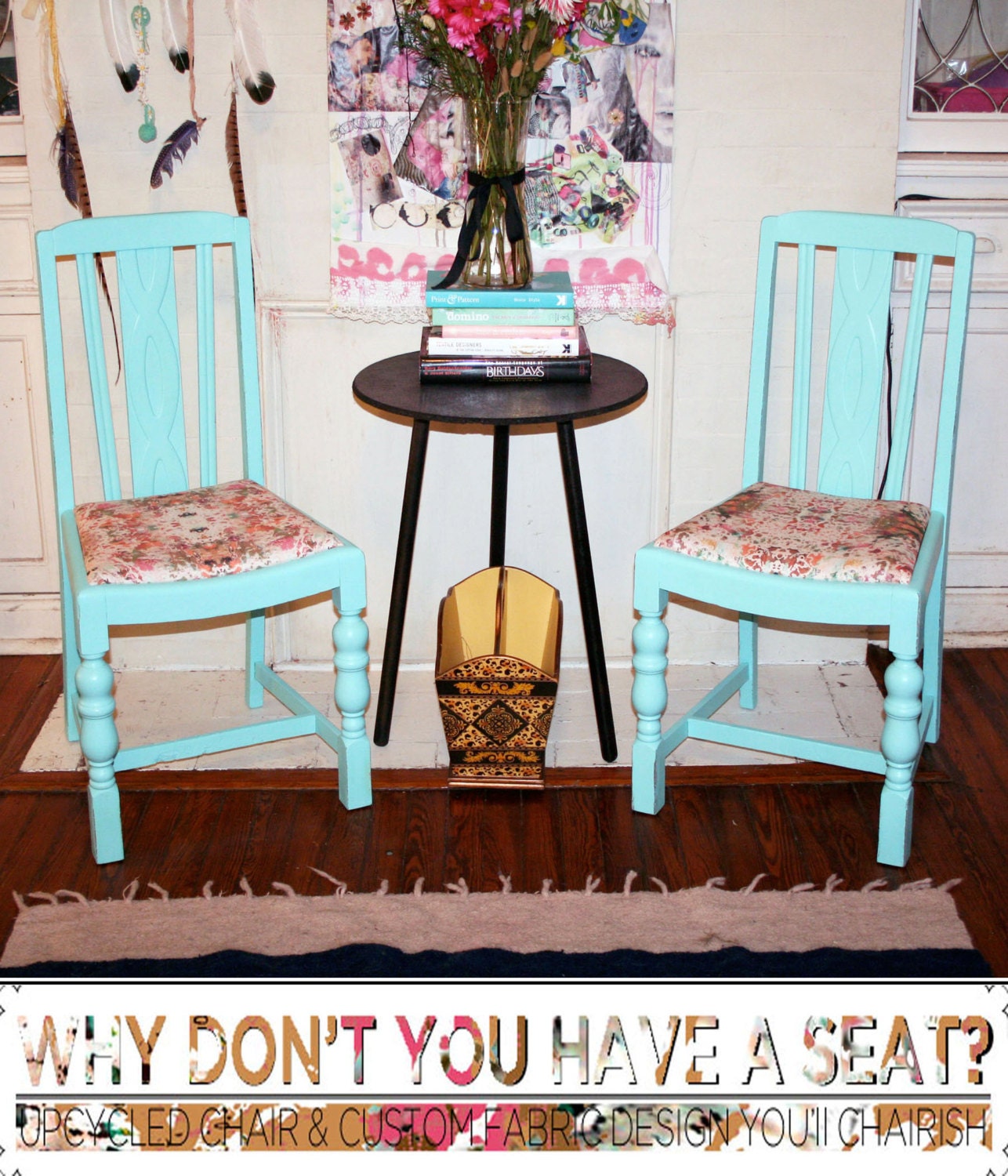 FREE SHIPPING, Handmade, Vintage Wood Two Seating, Pair of 2, Shabby Chic Cottage, Robins Egg Blue CHAIRS W Reupholstered Modern Fabric