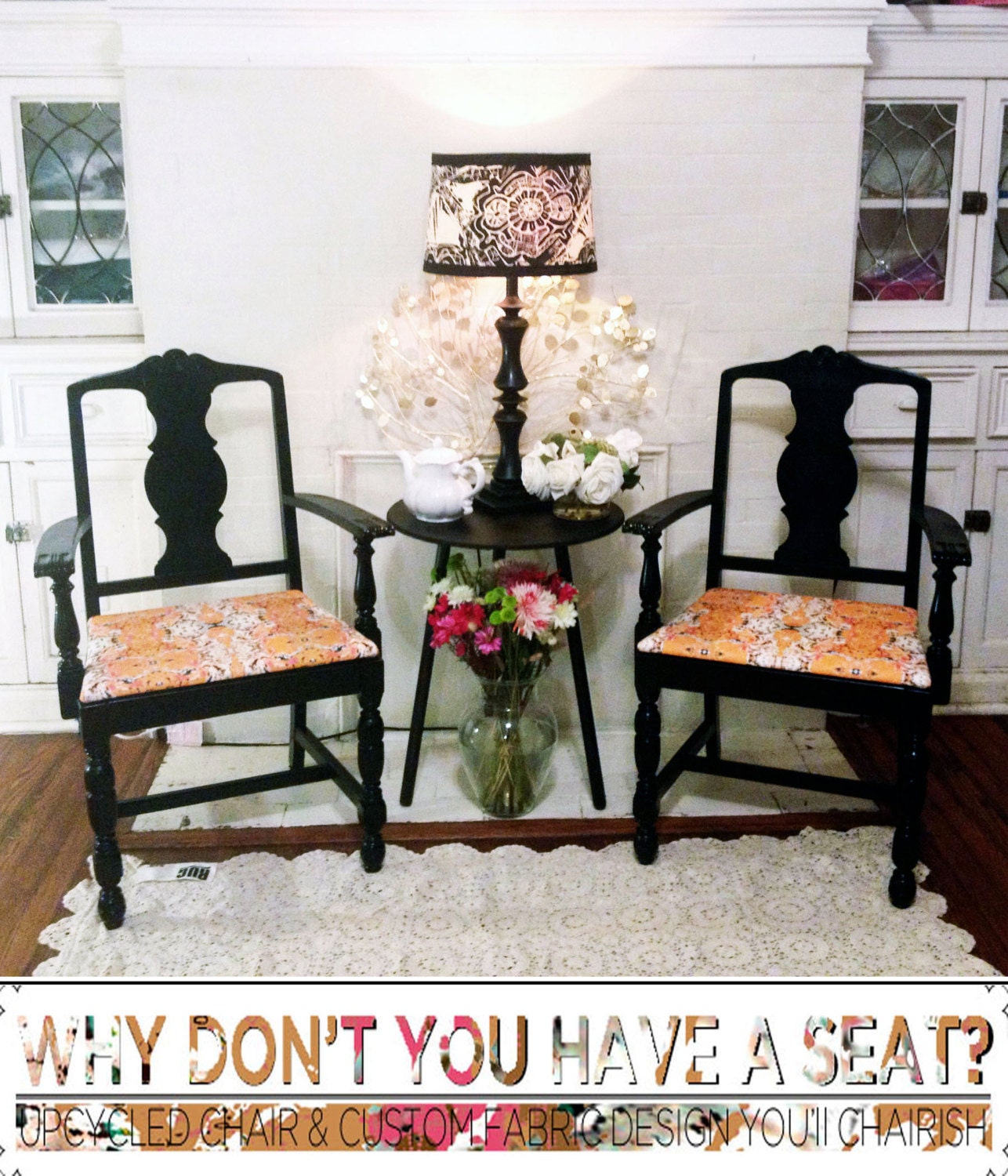 FREE SHIPPING, Handmade, Vintage Seating, Set of Two 2, Black Upcycled Wood Antique Armed CHAIRS, Reupholstered W Custom Modern Fabric